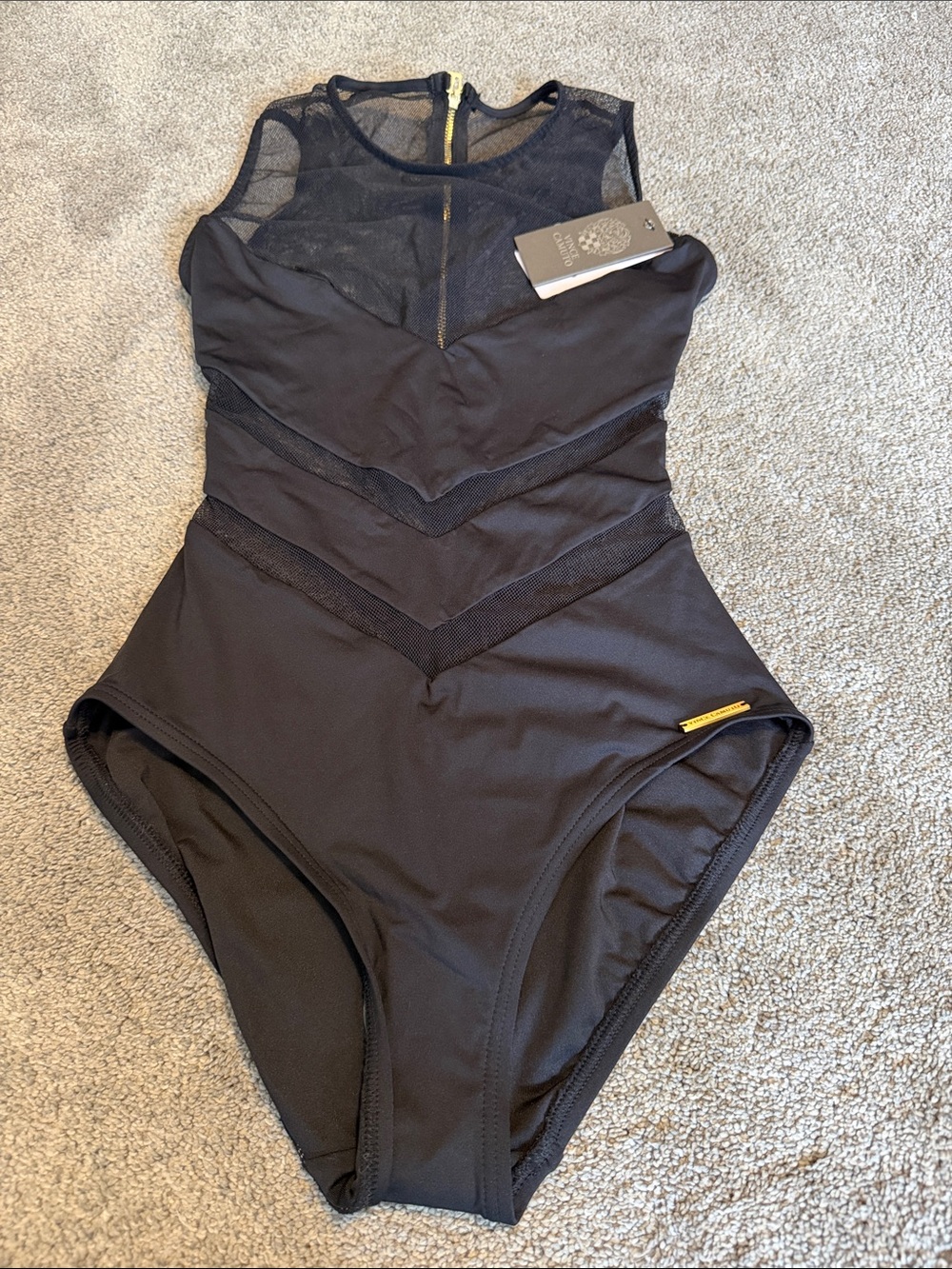 Vince Camuto $150 Retail Black Mesh-Accent Elegant One-Piece Swimsuit